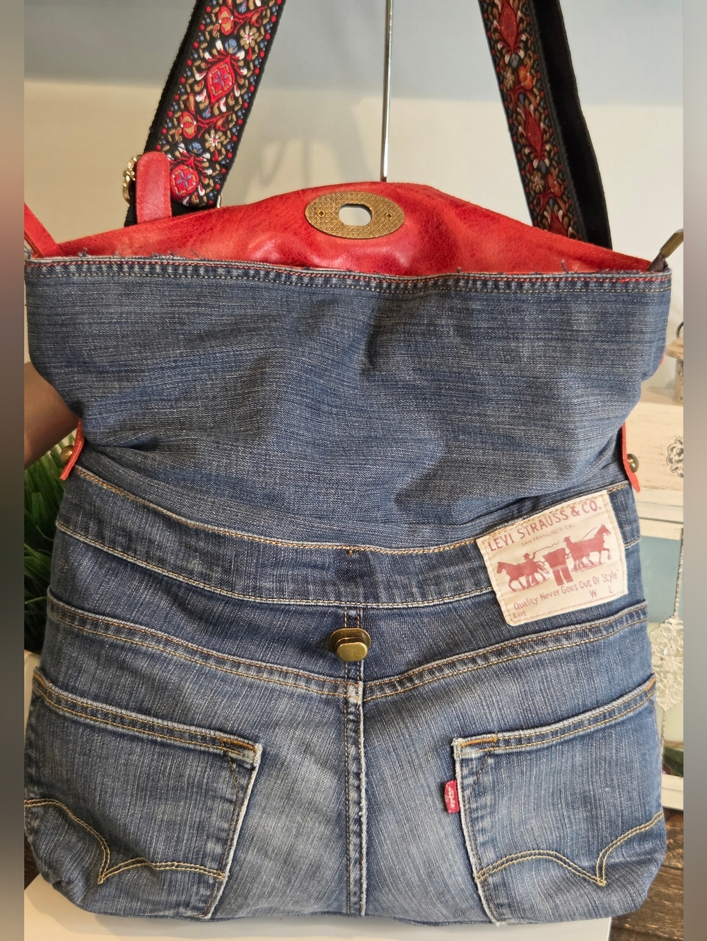 Levi's Denim & Red Italian Leather Convertible Handbag - Picture 7 of 12